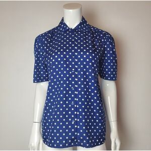Vintage 80s Judy Bond Navy White Polkadot Button-Up Blouse